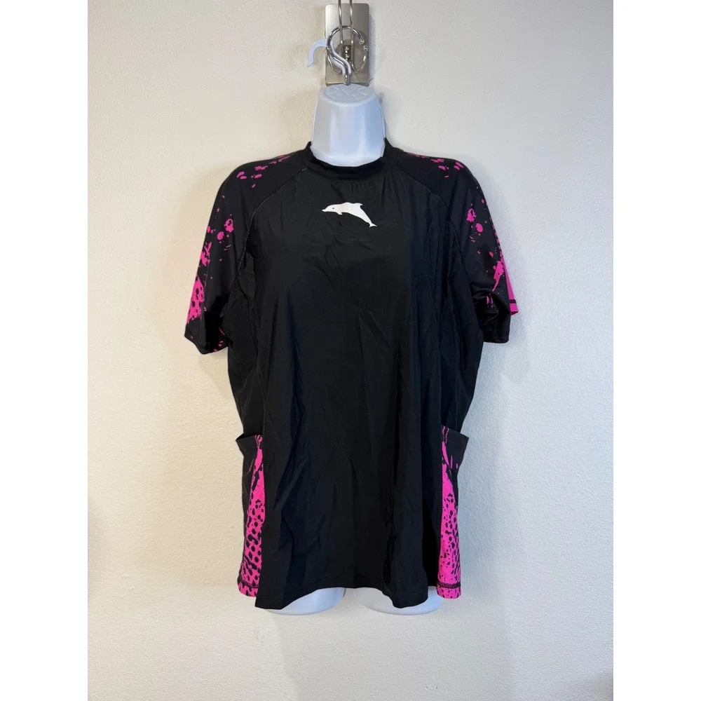 Halcurt Womens Rash Guard Swim Shirt Black Pink Splatter Short Sleeve XL NEW